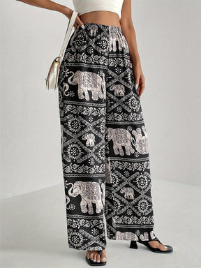 Boho printed wide leg elastic waist pants, side view