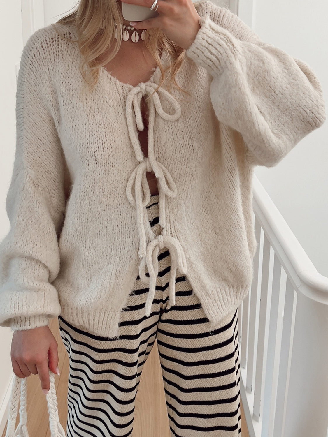 Beige boho style cardigan with tie front design