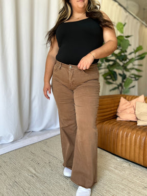 RFM high rise wide leg jeans in coffee, front view