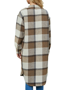 Plaid Collared Neck Long Sleeve Longline Jacket