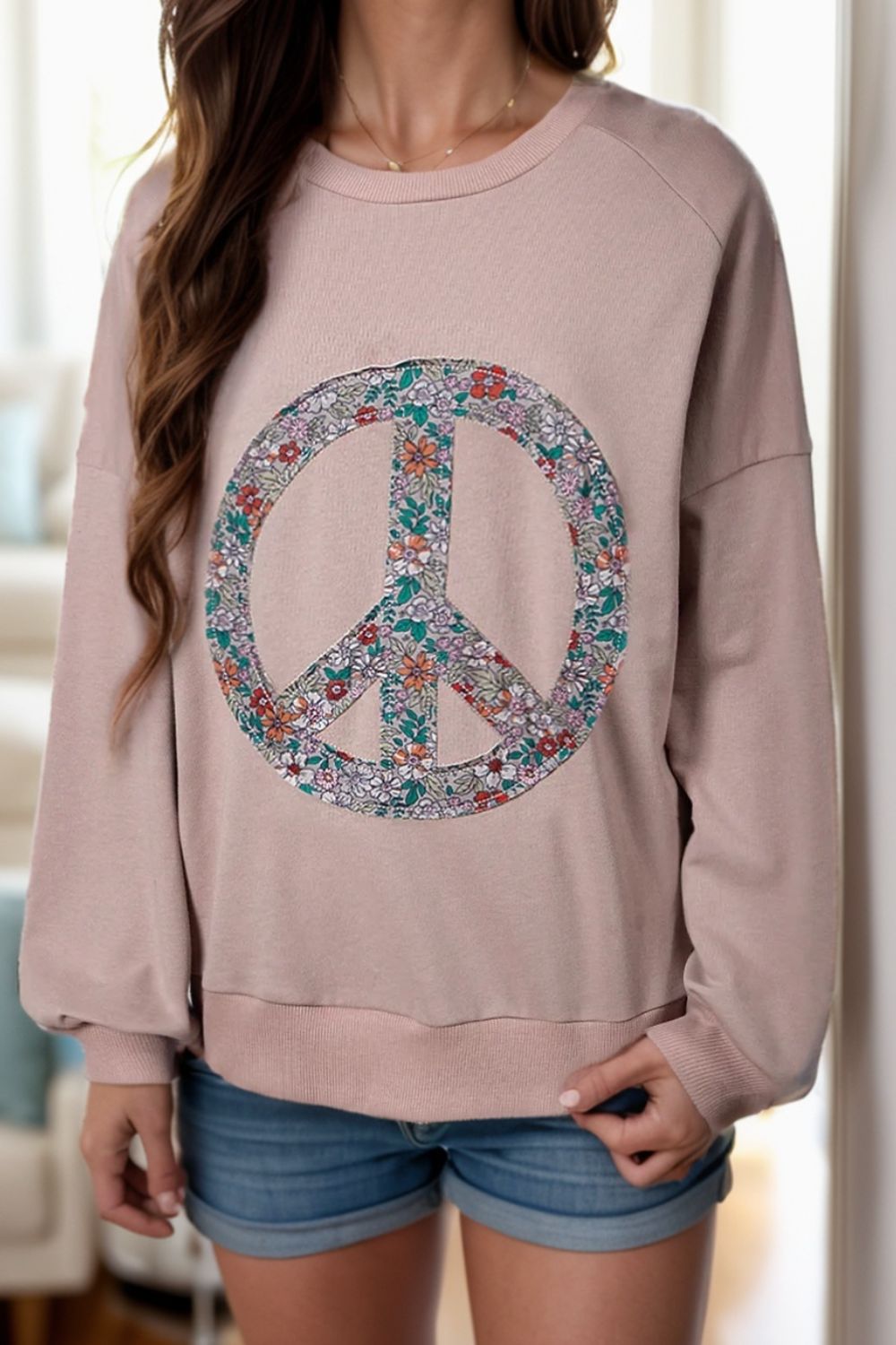 Peace Sign Applique Long Sleeve Sweatshirt front view