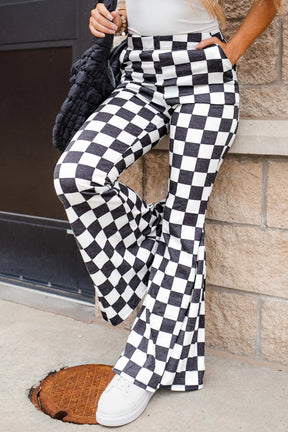 Stylish checkered flare pants with pockets, front view