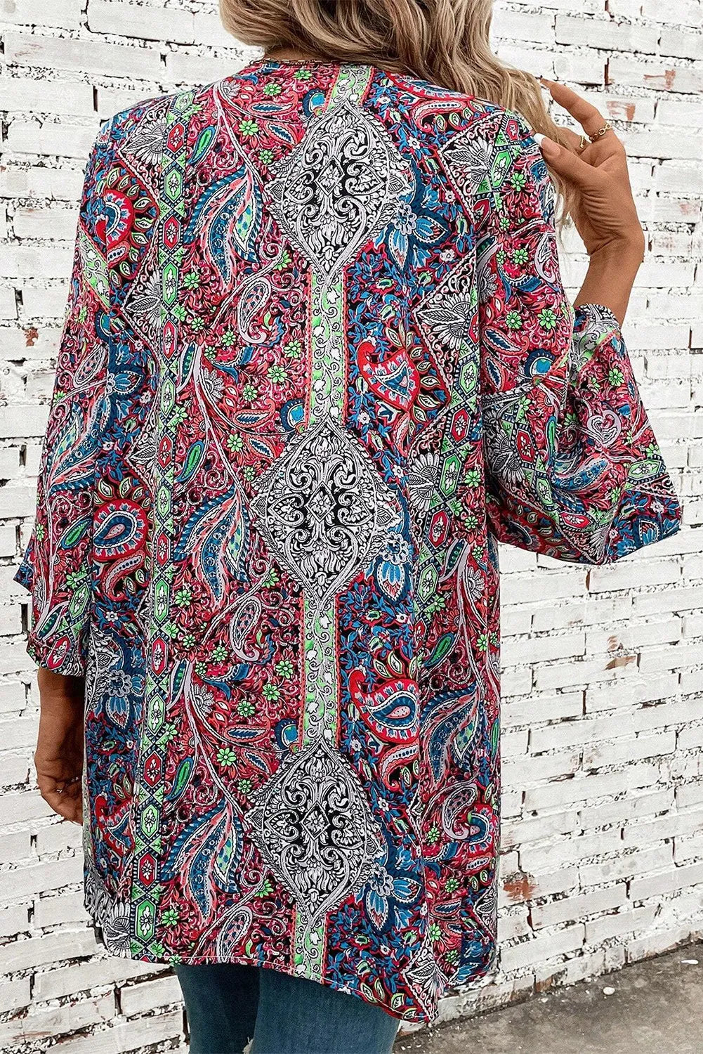 Back view of printed open front long sleeve cover up.