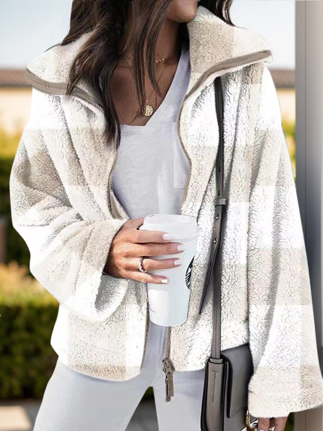 White plaid zip up long sleeve jacket, chic and warm.