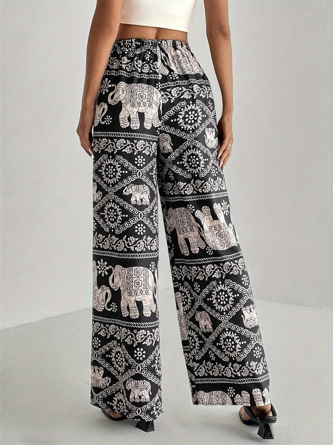 Boho printed wide leg elastic waist pants, back view