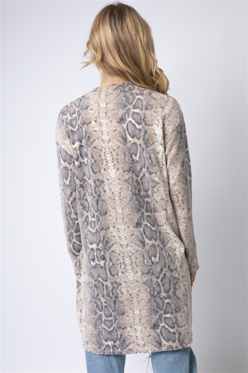 Animal print flannel longline cardigan, back view