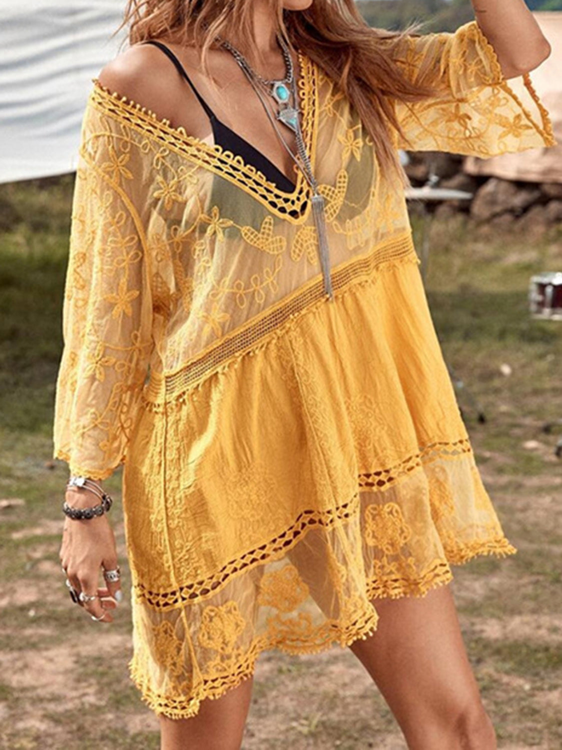 Yellow lace detail plunge cover-up dress outdoors