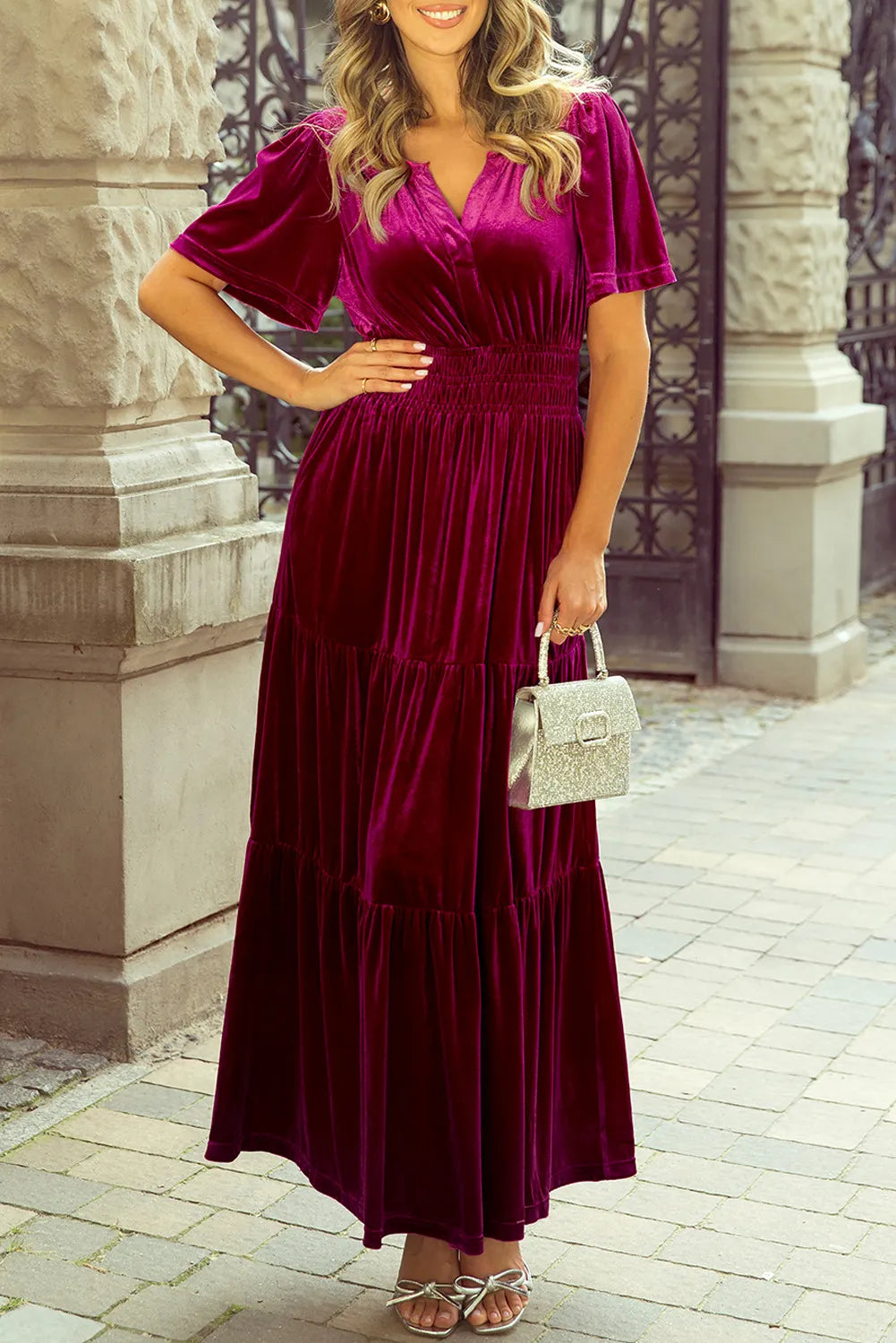 Velvet tiered notched short sleeve dress in deep red with pockets