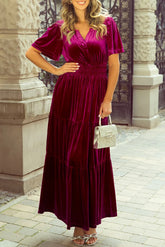 Velvet tiered notched short sleeve dress in deep red with pockets