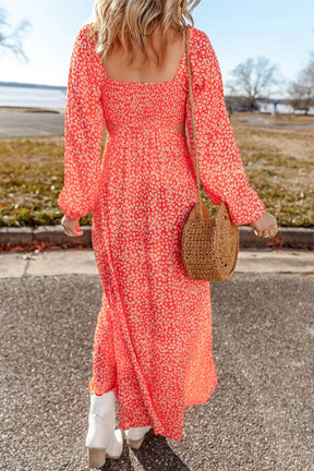 Boho printed V-neck long sleeve midi dress back view