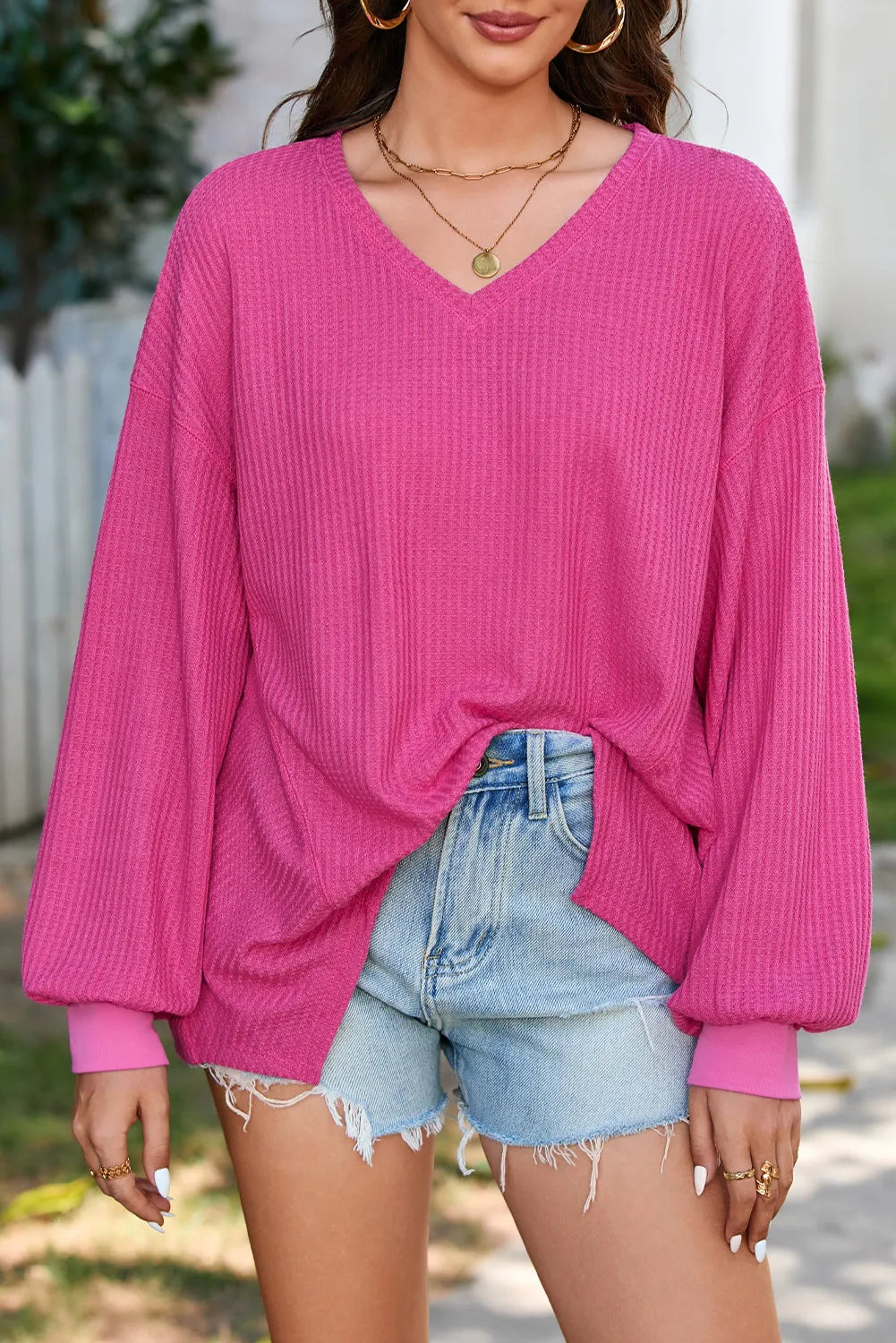 Bright pink waffle-knit V-neck long sleeve top with shorts