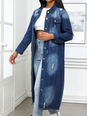 Side view of distressed button-up denim top with collared neck.