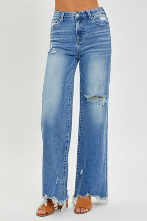 RISEN high rise frayed hem wide leg jeans front view