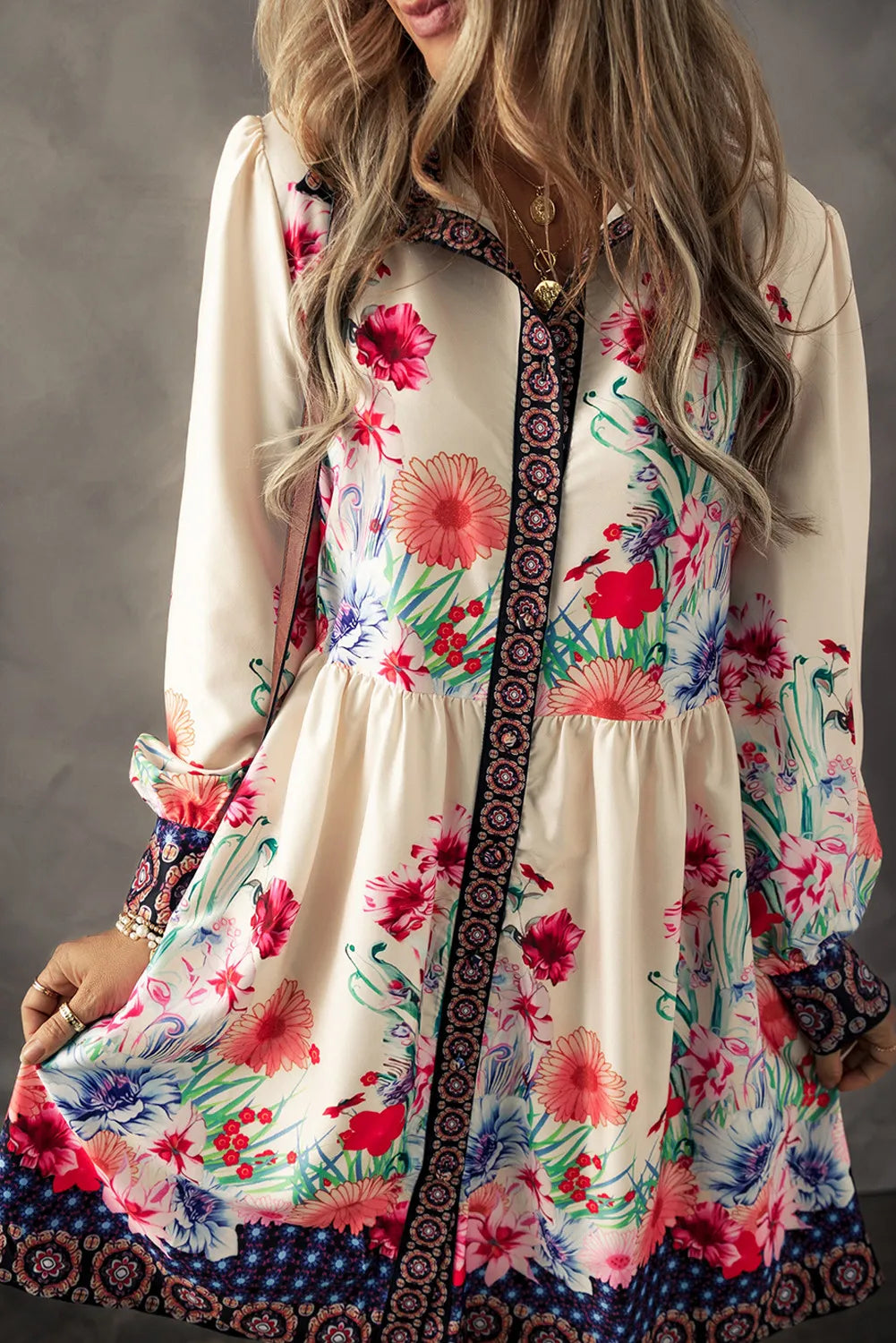 Floral button down lantern sleeve mini dress front view