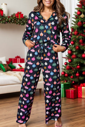 Festive printed collared lounge set with Christmas ornaments.