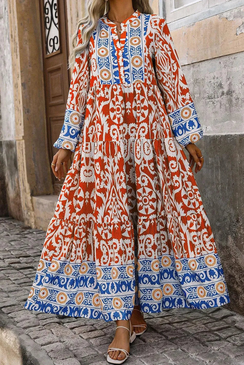 Boho printed notched long sleeve maxi dress front view