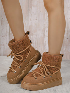 Brown lace-up round toe platform boots