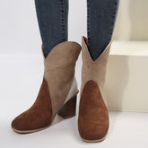 Brown suede square toe block heel boots on model