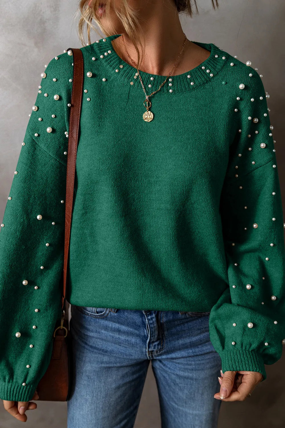 Green pearl detail round neck long sleeve sweater