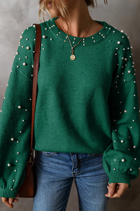 Green pearl detail round neck long sleeve sweater