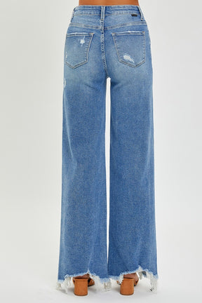 RISEN high rise frayed hem wide leg jeans back view