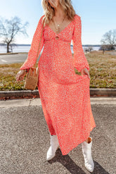 Boho printed V-neck long sleeve midi dress front view