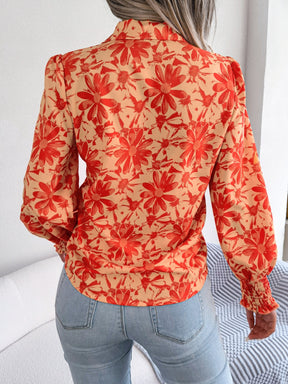 Back view of pumpkin floral collared neck shirt