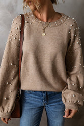 Beige pearl detail round neck long sleeve sweater