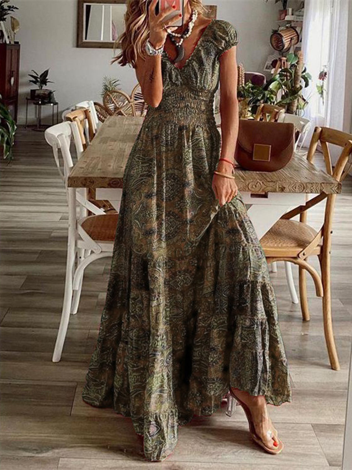 Olive smocked V-neck short sleeve maxi dress