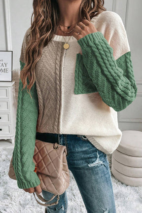 Green and cream color block round neck sweater