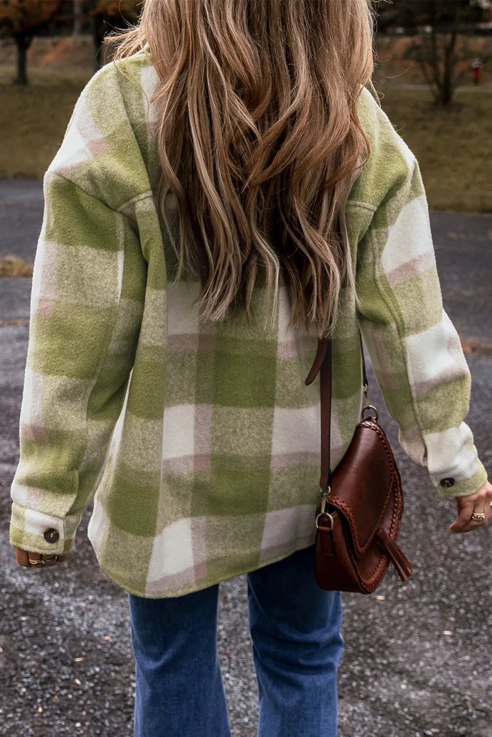 Sage plaid button-up long sleeve jacket back view