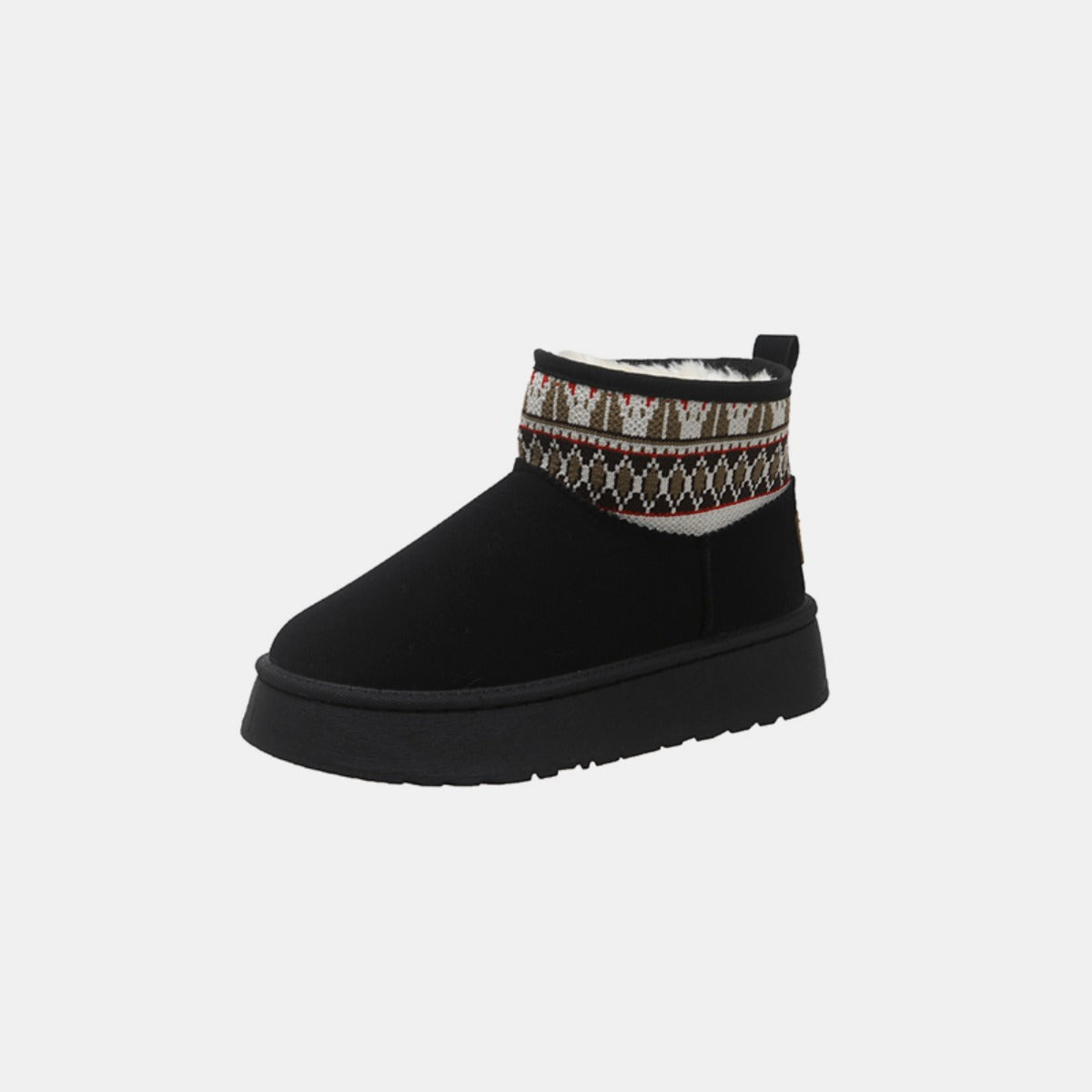 Black thermal suede platform boot with patterned trim