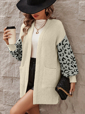 Beige leopard open front cardigan with pockets, front view