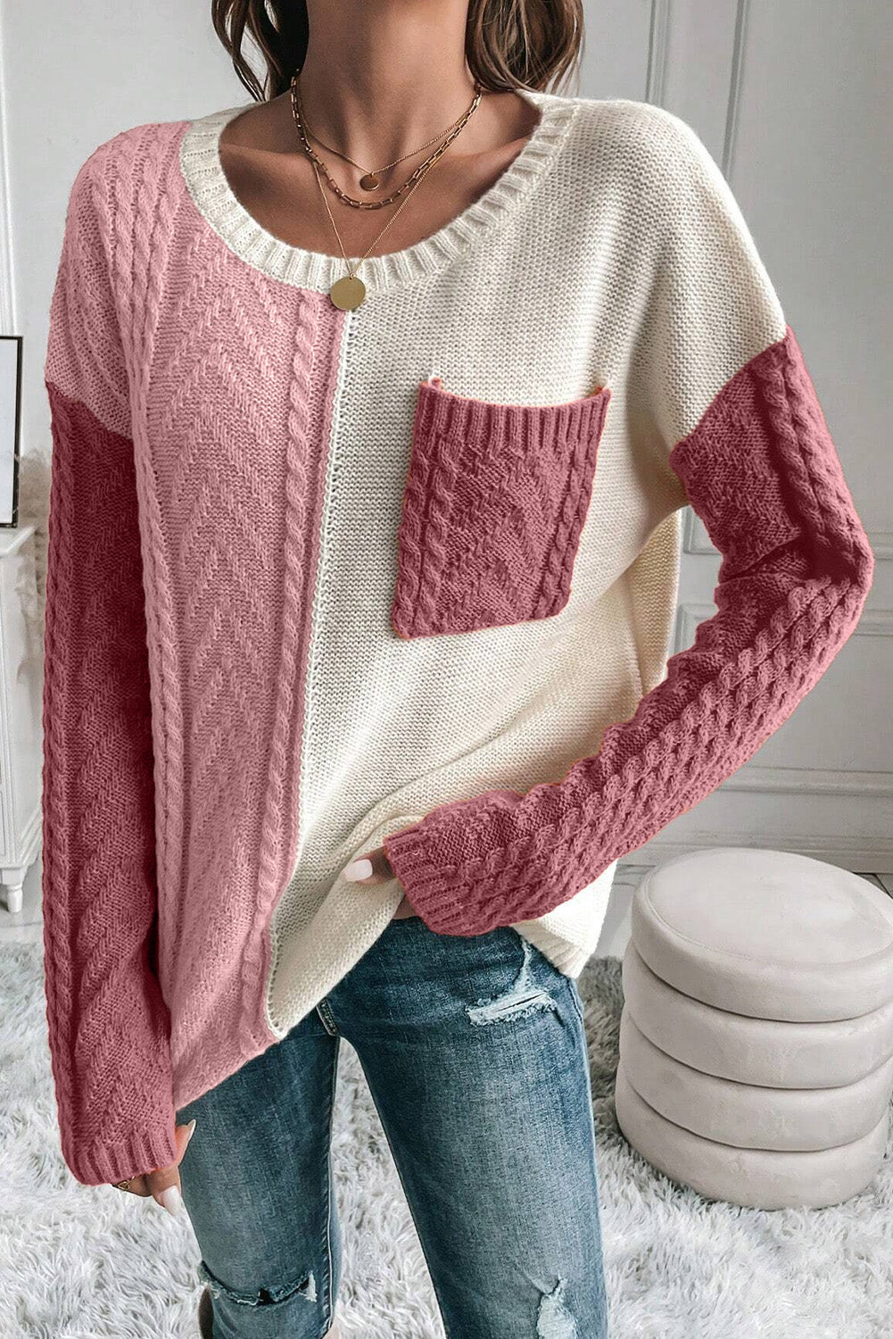 Pink and cream color block round neck sweater