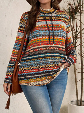 Plus size drawstring printed mock neck long sleeve top front