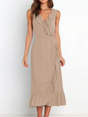 Khaki ruffled surplice sleeveless midi dress front view