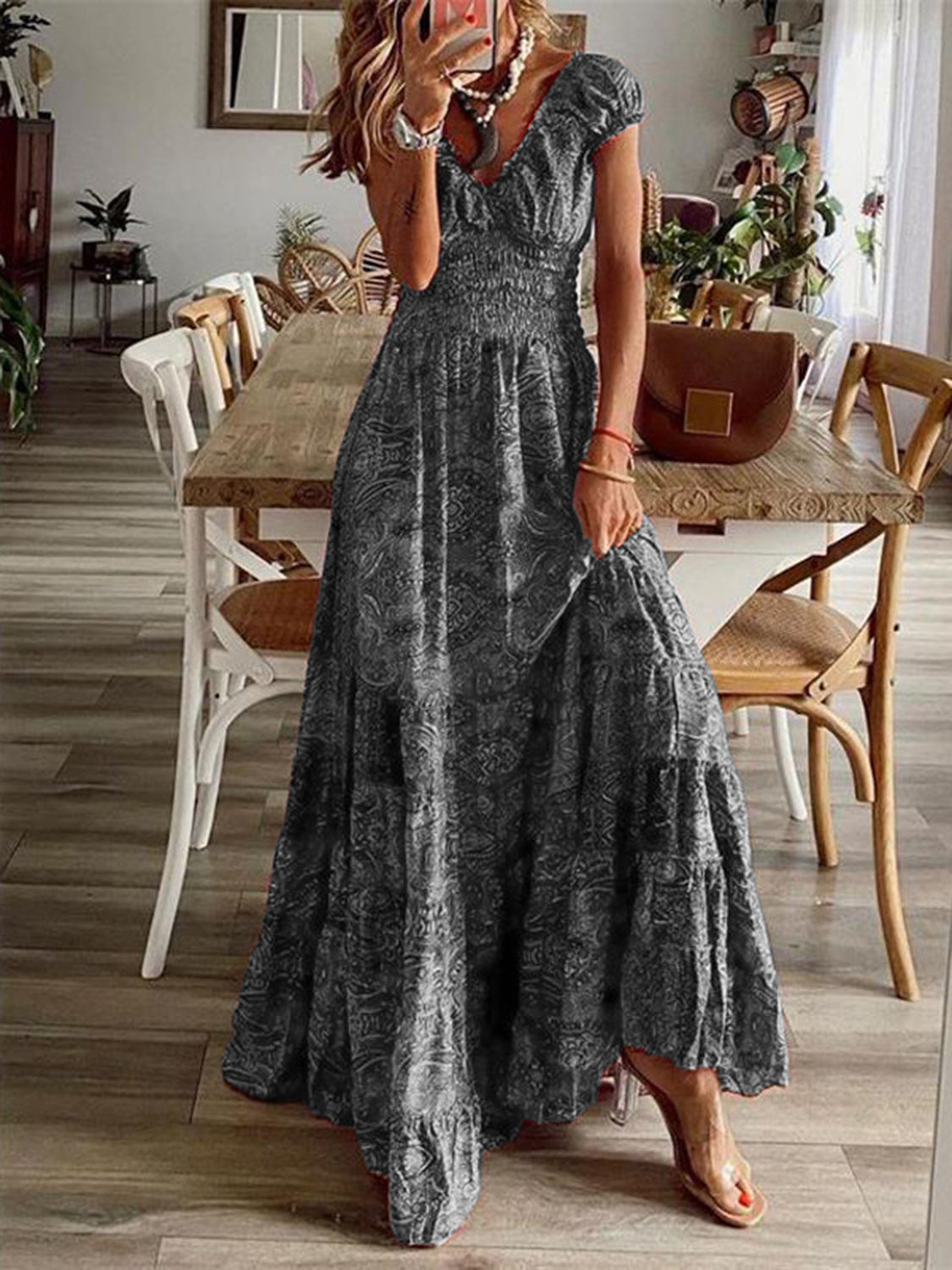 Black smocked V-neck short sleeve maxi dress