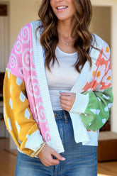 Color block open front cardigan with floral patterns