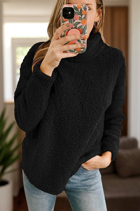 Black fuzzy turtleneck long sleeve sweatshirt front view