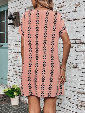 Back view of pink printed round neck short sleeve dress