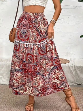 Colorful printed elastic waist midi skirt with tassel trim