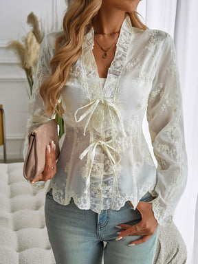 Devine Tied Frill V-Neck Lace Top front view