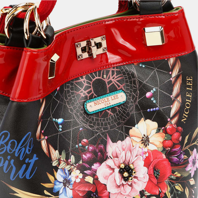 Close-up of Nicole Lee USA bag with floral and dreamcatcher details