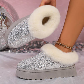 Stylish silver sequin boots with plush trim