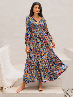 Boho printed tie neck long sleeve midi dress front view