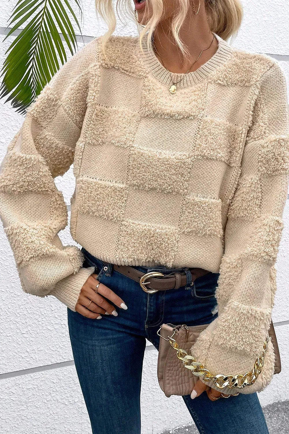 Beige checkered round neck dropped shoulder sweater front view