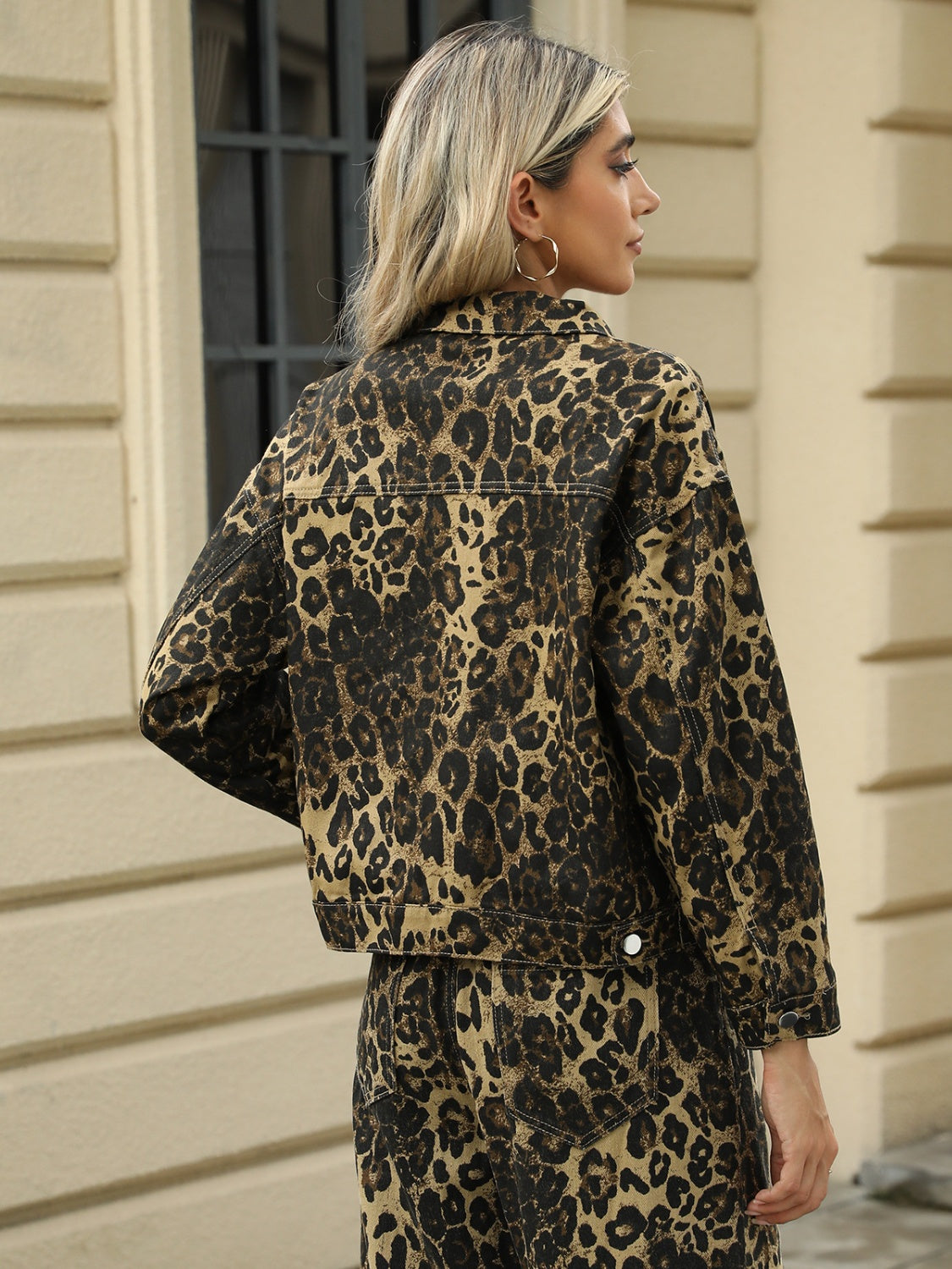 Leopard print denim jacket with pockets, back view