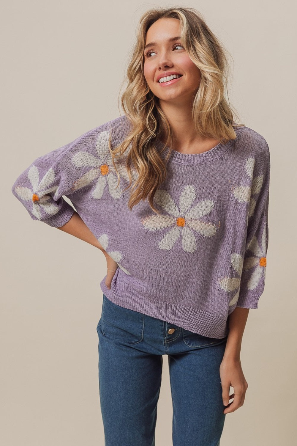 BiBi floral pattern slit sweater in purple, side view