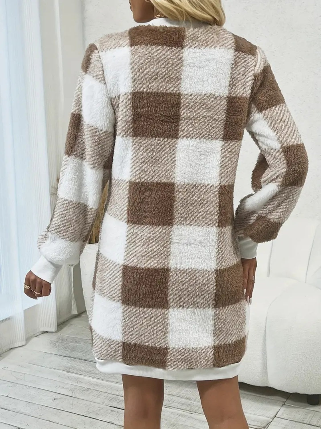 Taupe plaid V-neck long sleeve sweater dress back view