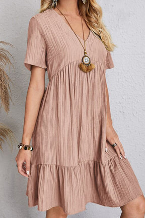 Pink ruched V-neck short sleeve midi dress